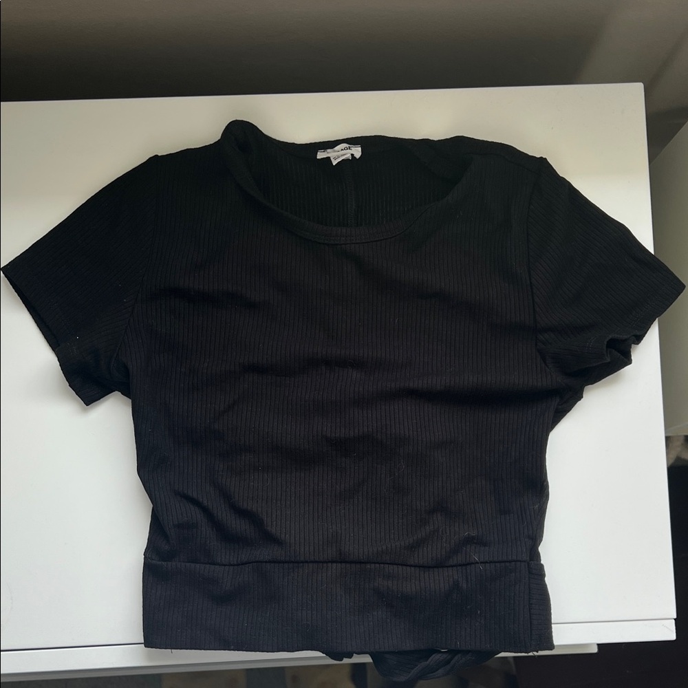 Women's Black Ribbed Short Sleeve Backless Top